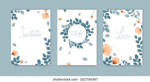 Set of simple cute cards with greens and poppies, branches with leaves, wreath, flowers, place for text. Vector illustration