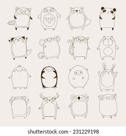 set of simple cute cartoon animals, hand drawn vector illustration