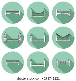 Set of simple cute cartoon outline hand drawn bridge icons with shadows. City and travel concept
