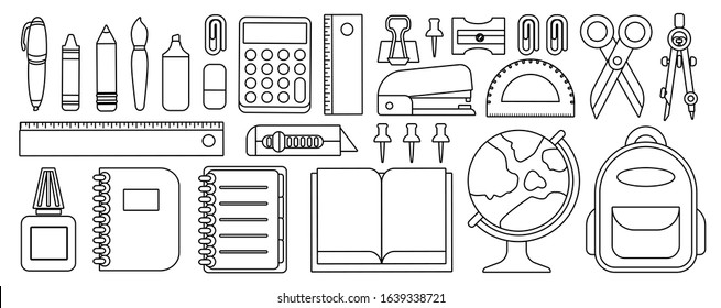 Set Of Simple Cute Cartoon School Stationery Isolated On A White Background, Line Art Vector Illustration