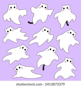 Set of simple cute cat, kitten ghost characters with tails and whiskers vector illustrations. Halloween spooky drawings.