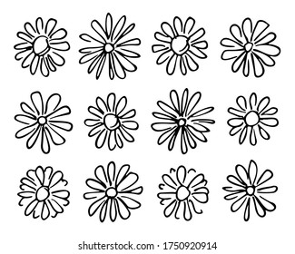 Set of simple cute chamomile flowers, black and white hand-drawn graphics in childish style