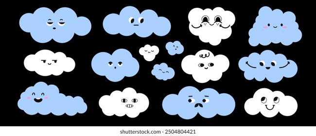 Set of simple cute cloud with face emotion. Hand drawn funny kawaii character. Kids style doodle weather icon. Vetor illustration