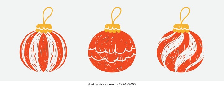 Set of simple cute colorful Christmas tree decorations in the form of a red ball with white patterns on a light background; drawn with flat brush strokes; hand-drawn illustration, drawing, flat style