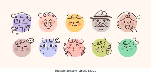 Set of simple and cute face icons hand drawn with pencil on circle.