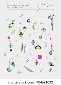 Set of simple cute geometric toys made of circles and triangles. Colorful abstract shapes. Template for a poster. Element of design.
