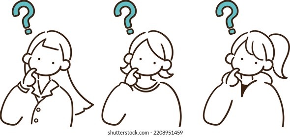 A set of simple and cute hand-drawn cartoon style illustrations of women who have questions that can be used properly in various situations