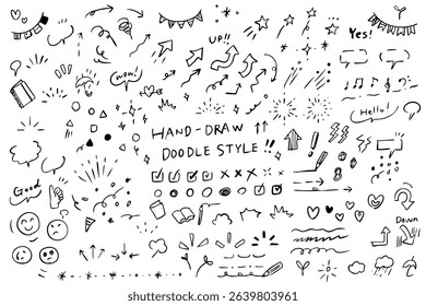 A set of simple and cute hand-drawn monochrome illustrations that can be used for icons and notices.-arrows and stars and hearts etc -vector illustration