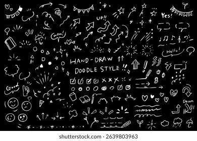A set of simple and cute hand-drawn monochrome illustrations that can be used for icons and notices.-arrows and stars and hearts etc -vector illustration
