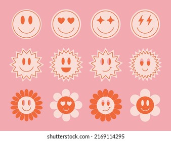 Set of simple cute hipster smile stickers. Trendy retro abstract patches. Vector illustration.