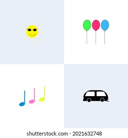Conjunto de simples y lindas ilustraciones. Sol divertida sonriente con gafas de sol, globos de diferentes colores, notas de colores, bus blanco-negro. Conjunto de clipartes de dibujos animados. Ilustración vectorial plana para el embalaje