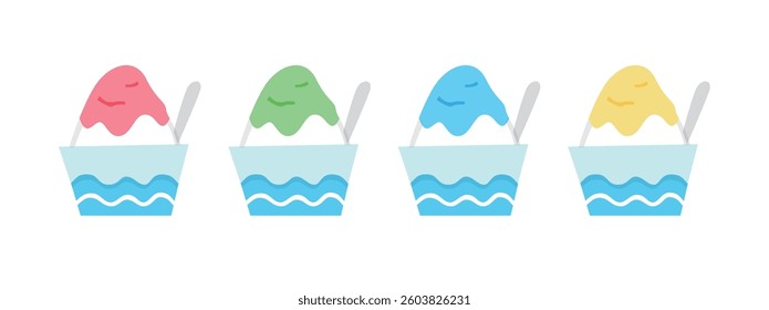 A set of simple and cute illustrations of shaved ice.
This Japanese food and dessert is related to summer festival and ice.
The Japanese word means “ice“.