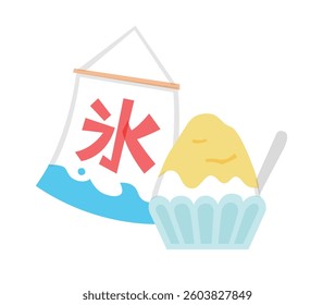 A set of simple and cute illustrations of shaved ice.
This Japanese food and dessert is related to summer festival and ice.
The Japanese word means “ice“.
