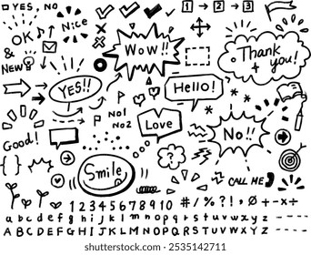 A set of simple and cute monochrome illustrations of hand-drawn doodles and handwriting that can be used for icons, notices, and decorations.