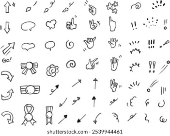 A set of simple and cute monochrome illustrations of hand-drawn doodles that can be used for icons and notices.Hand-painted brush