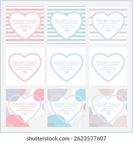 A set of simple, cute vector illustrations of heart-shaped chain frames with transparent backgrounds - perfect for Valentine's gifts, photo frames, or social media templates. pink, light blue, silver.