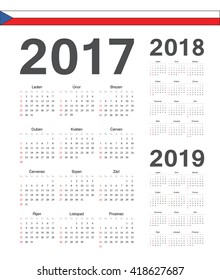 Set of simple Czech 2017, 2018, 2019 year vector calendars. Week starts from Sunday.