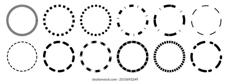 Conjunto de coleção de ícones de círculo tracejado simples. Símbolo de círculo tracejado de contorno de estilo diferente. Ilustração de vetor. 