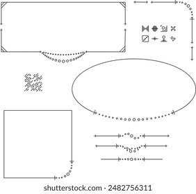 Set of simple decorative elements, frames, borders, corner, divider ornament, icons, background pattern. Isolated on transparent background.