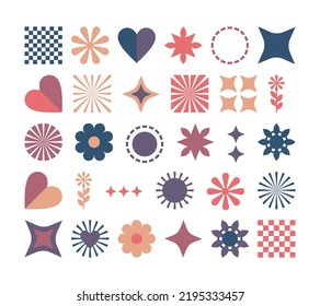 Set of simple decorative elements for retro vintage design and decor. Mosaic elements for stylish collages, collection of geometric trendy modern icons isolated on white background