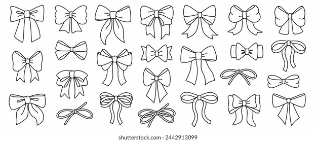 Set of simple decorative holiday ribbon bows for gifts, to decorate hair on white background. Bow outline for gift wrapping for birthday, Christmas, New Year. Isolated Flat Vector EPS10