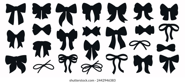 Set of simple decorative holiday ribbon bows for gifts, to decorate hair on white background. Bow silhouette for gift wrapping for birthday, Christmas, New Year. Isolated Flat Vector EPS10