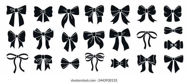 Set of simple decorative holiday ribbon bows for gifts, to decorate hair on white background. Bow silhouette for gift wrapping for birthday, Christmas, New Year. Isolated Flat Vector EPS10