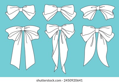 Set of simple decorative holiday ribbon bows for gifts to decorate your hair on light background. Bow with outline for gift wrapping for birthday, Christmas, New Year, wedding.Flat Vector EPS10