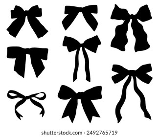 Set of simple decorative holiday ribbon bows isolated on white background. Bow silhouette hand drown