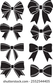 Set of simple decorative holiday ribbon bows for gifts on white background silhouette.