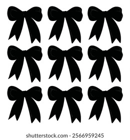 Set of simple decorative holiday ribbon bows for gifts, to decorate hair on white background. Bow silhouette for gift wrapping for birthday, Christmas, New Year. Isolated Flat Vector. 