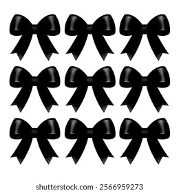 Set of simple decorative holiday ribbon bows for gifts, to decorate hair on white background. Bow silhouette for gift wrapping for birthday, Christmas, New Year. Isolated Flat Vector. 