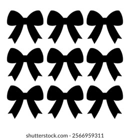 Set of simple decorative holiday ribbon bows for gifts, to decorate hair on white background. Bow silhouette for gift wrapping for birthday, Christmas, New Year. Isolated Flat Vector. 