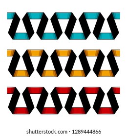 Set of simple decorative spiral black and blue, red, yellow ribbons ornament. Seamless borders. Elements for design. Isolated on white background. EPS10 vector illustration.
