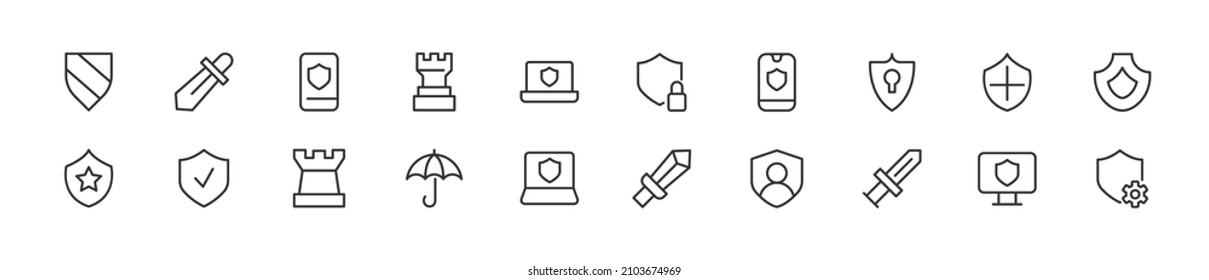 Set of simple defense line icons. Outline stroke object. Linear signs pack. Perfect for web apps and mobile.