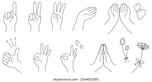 A set of simple and delicate positive hand signs, line drawings