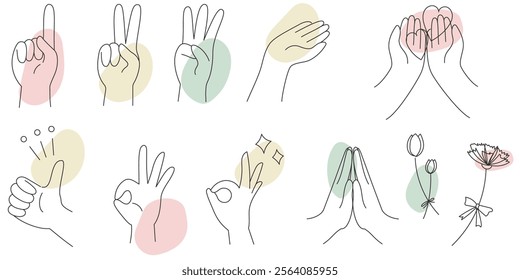 A set of simple and delicate positive hand signs, line drawings