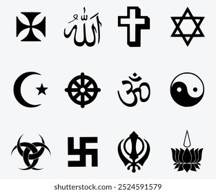 Set of simple design pluralism colorful icon ; Religion symbol ; Sign of major religious group ; Islam, Christianity, Judaism, Bahai, Shinto, Buddhism, Taoism, Hinduism