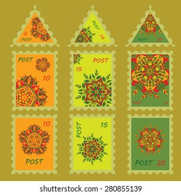 Set simple design for postage stamps with hand drawn mandalas zentangl in different colors. Vector illustration. The best for your design, textiles, posters, tattoos, corporate identity