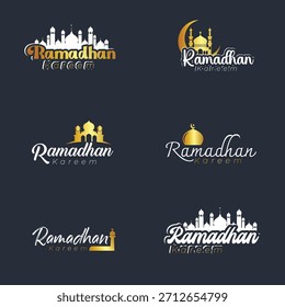 Set of A simple design Ramadan Kareem English calligraphy lettering greeting text banner on gradient background.