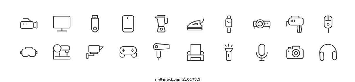 Conjunto de iconos simples de la línea del dispositivo. Objeto de trazo de contorno. Envase de signos lineales. Perfecto para aplicaciones web y móviles.