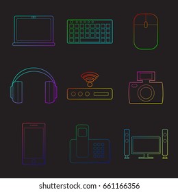 Set of simple devices color line art icons on black background vector illustration