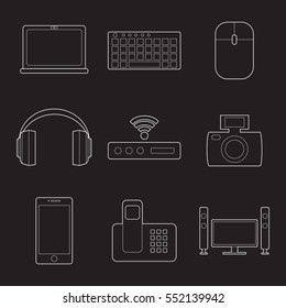 Set of simple devices line art icons on black background vector illustration