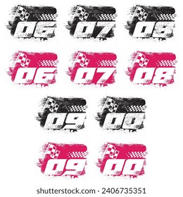 Set of simple different bold sport numbers with checkered flags and grunge textures isolated on white background