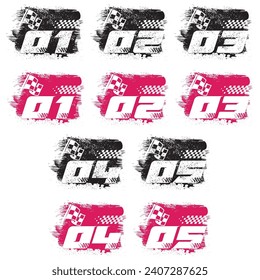 Set of simple different bold sport numbers with checkered flags and grunge textures isolated on white background