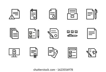 Set with a simple set of documents associated with vector linear icons. Contains icons such as contract, seal, electronic document, document safe, and more. Editable Stroke. 48x48 pixels.