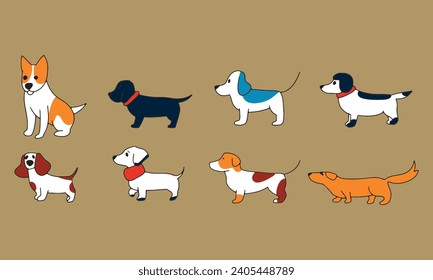 Set of simple dog doodles vector illustration. Drawing sketches of different dog breeds