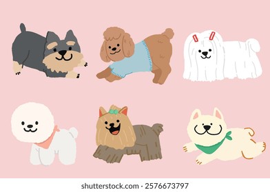 Set of simple dog doodles vector illustration. Drawing sketches of different dog breeds 