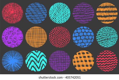 Set of simple doodle circles with lines, dots and curves. Pencil effect doodle. Set of simple summer colors shapes. Pencil effect sketches.