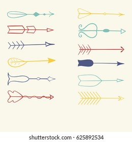 Set of simple doodle color arrows isolated on white background. Vector illustration.